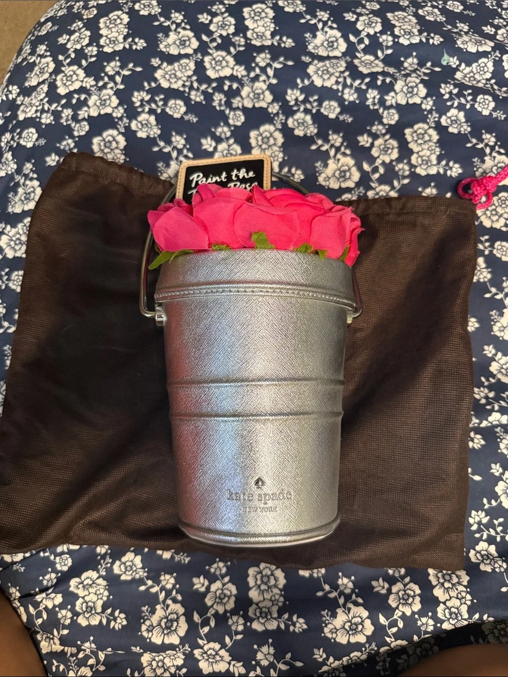 kate spade silver metallic bucket bag with pink floral trim